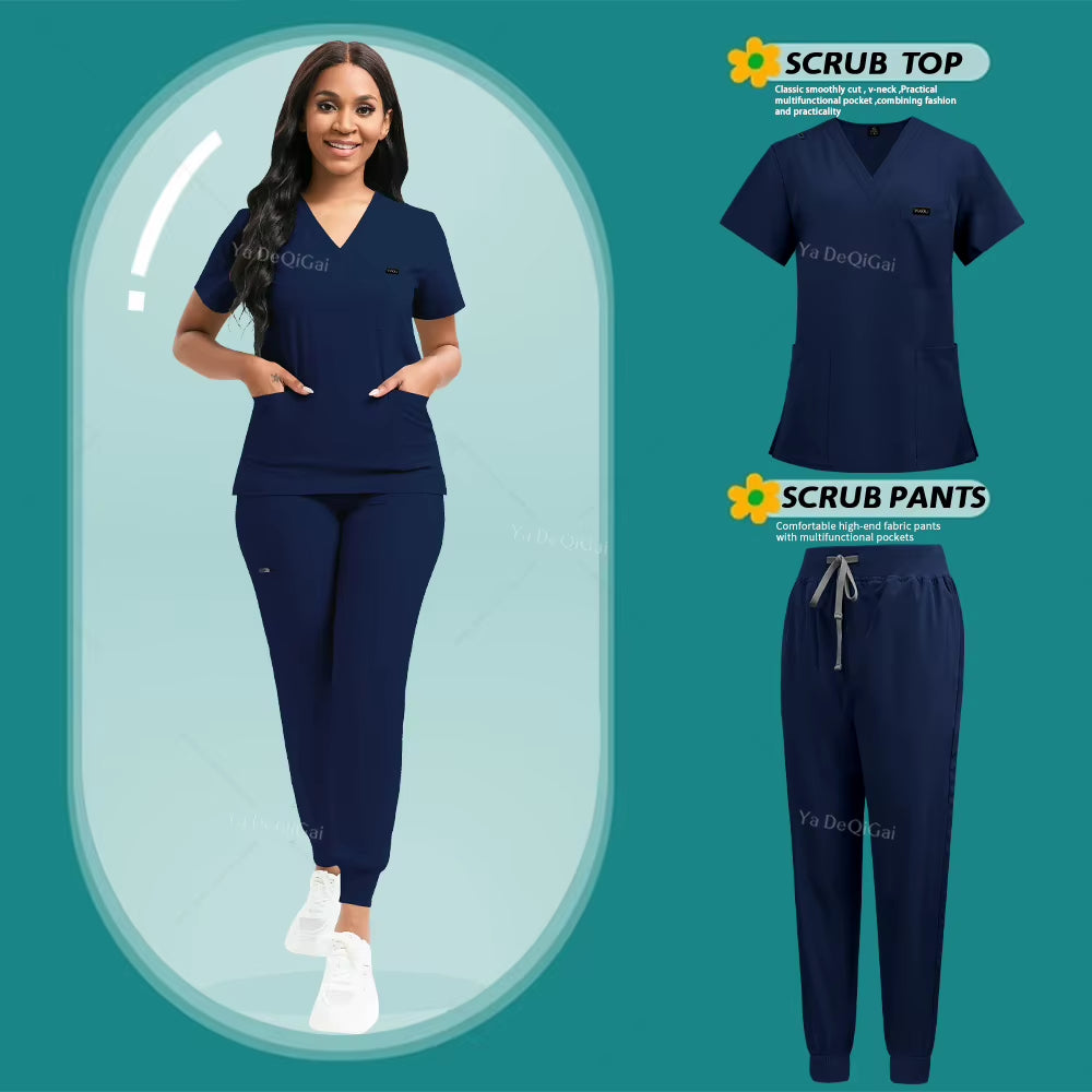 Stretch Scrubs Women Set Nursing Uniforms Clinical Scrubs Set Nurse Doctor Dustproof Workwear Medical Scrubs Top+ Jogger Pants