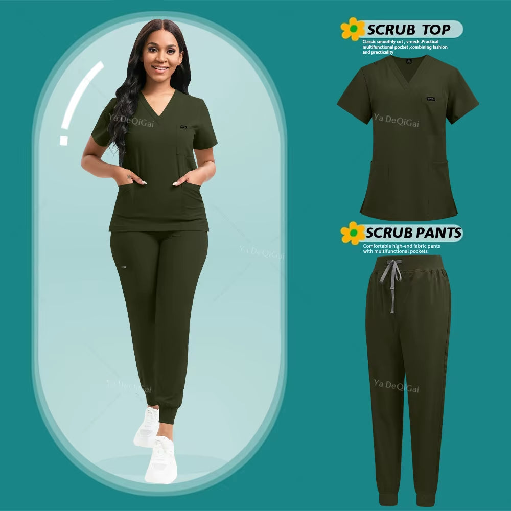 Stretch Scrubs Women Set Nursing Uniforms Clinical Scrubs Set Nurse Doctor Dustproof Workwear Medical Scrubs Top+ Jogger Pants