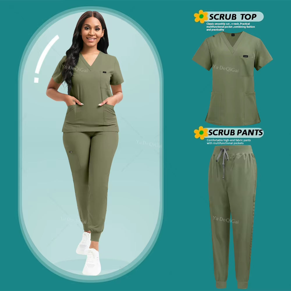 Stretch Scrubs Women Set Nursing Uniforms Clinical Scrubs Set Nurse Doctor Dustproof Workwear Medical Scrubs Top+ Jogger Pants