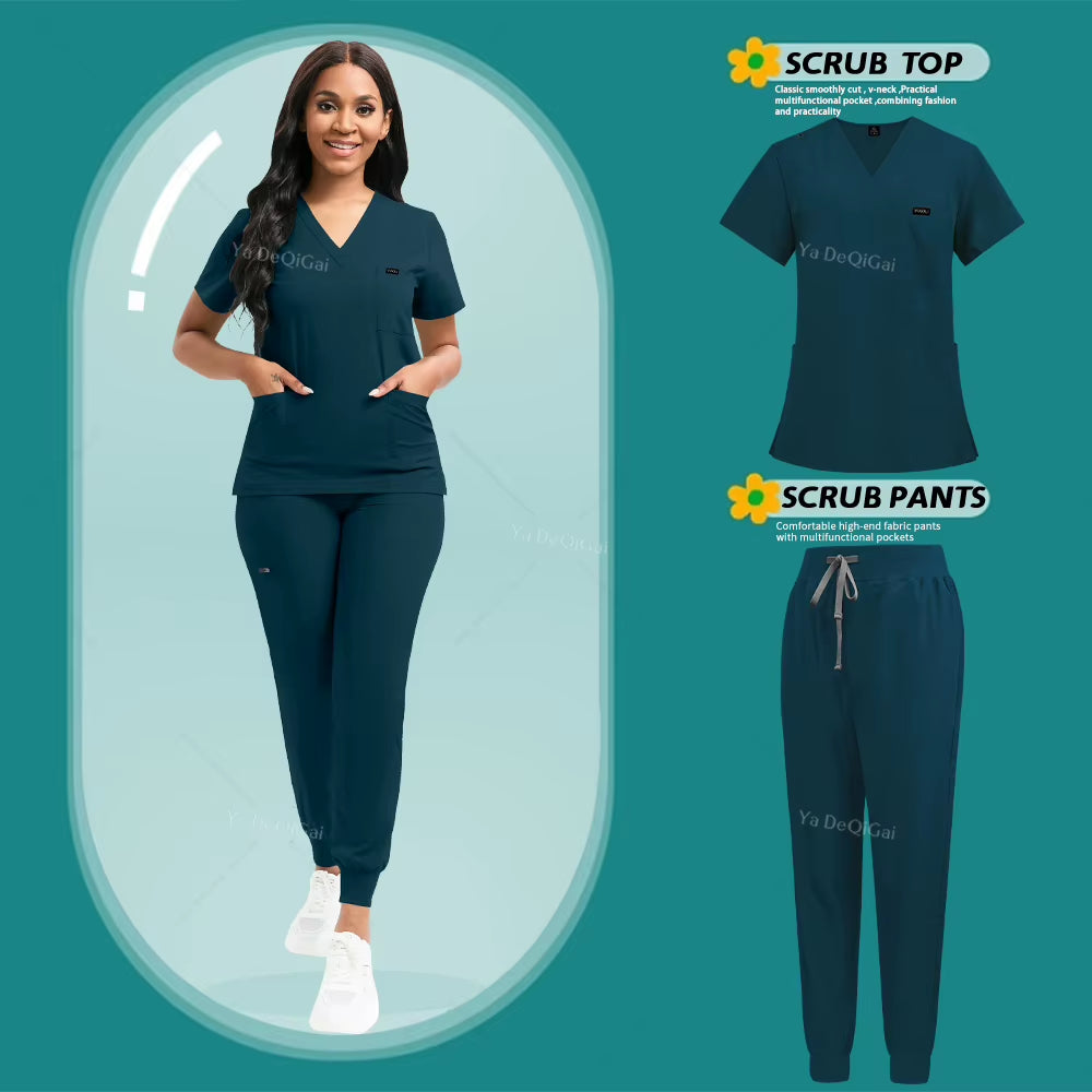 Stretch Scrubs Women Set Nursing Uniforms Clinical Scrubs Set Nurse Doctor Dustproof Workwear Medical Scrubs Top+ Jogger Pants