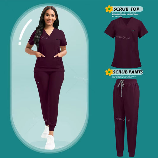 Stretch Scrubs Women Set Nursing Uniforms Clinical Scrubs Set Nurse Doctor Dustproof Workwear Medical Scrubs Top+ Jogger Pants