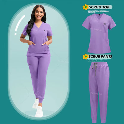 Stretch Scrubs Women Set Nursing Uniforms Clinical Scrubs Set Nurse Doctor Dustproof Workwear Medical Scrubs Top+ Jogger Pants