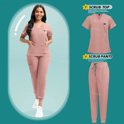 Stretch Scrubs Women Set Nursing Uniforms Clinical Scrubs Set Nurse Doctor Dustproof Workwear Medical Scrubs Top+ Jogger Pants